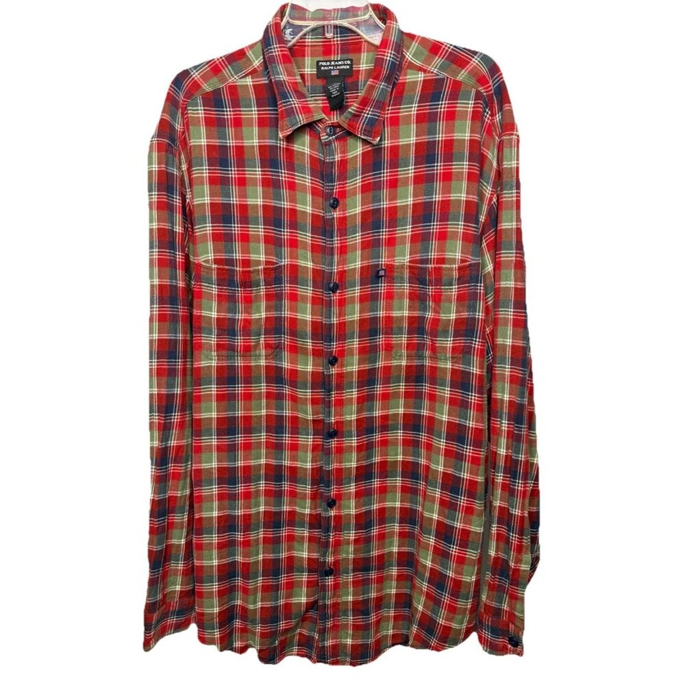 VTG Polo Jeans Co.‎ Ralph Lauren Men's XXL Red Green Plaid Button Down Shirt USA